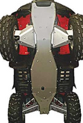 A close-up of the Honda TRX650 Rincon Seven Piece Complete Aluminum Skid Plate Set installed under an ATV, displaying large rugged tires, red suspension parts, and chassis protection against a plain white background.