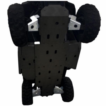 Underside view of a 2015-18 Honda Pioneer 500 fitted with Ricochet Off-Road A-Arm Guards (Set of 4). The sturdy black guards protect the chassis, secured by metal brackets. Four rugged all-terrain tires are at the corners; background is plain white.
