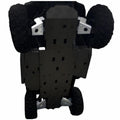 Underside view of a 2015-18 Honda Pioneer 500 fitted with Ricochet Off-Road A-Arm Guards (Set of 4). The sturdy black guards protect the chassis, secured by metal brackets. Four rugged all-terrain tires are at the corners; background is plain white.