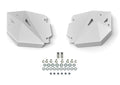 The Can Am Defender HD10 Curved Rear CV Guards Pair, featuring two geometric white metal plates with angular designs, is displayed alongside bolts, nuts, washers, and two small brackets on a plain white background.