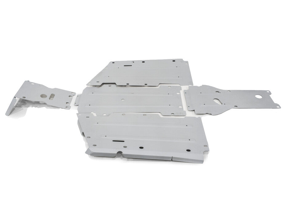 Three flat, silver Central Skid Plate Alloy panels for CFmoto UForce 1000 (2019-21) with angled edges, multiple holes and cutouts are arranged together on a white background, forming an irregular shape with visible screws and mounting points.