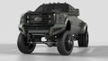 A 2011-2016 Ford F-250 with a matte gray lift and big off-road tires features the Identity Front Bumper Full Kit—center section shackle, wide end pods, X3 cube light pods, accent lights, and black ring—for a rugged look.
