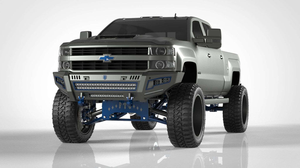 A silver, heavily modified Chevrolet pickup with large off-road tires, high lift, blue suspension parts, blackout headlights, and a 2015-2019 Chevy 2500 Identity Front Bumper Full Kit with LED light bars against a white background.