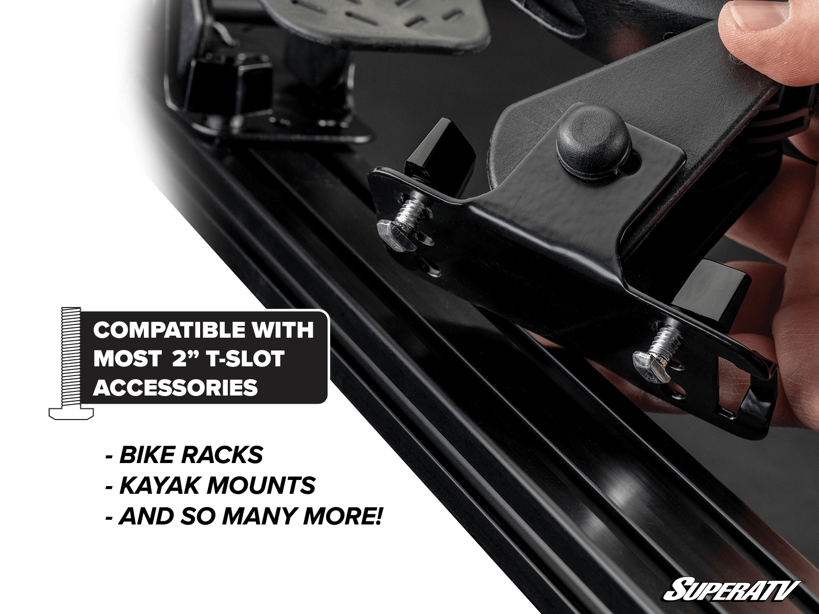 A hand attaches a black metal bracket to a T-slot track on the Can-Am Maverick X3 MAX Outfitter Sport Roof Rack. Text: Compatible with most 2” T-slot accessories—bike racks, kayak mounts, and more! SuperATV logo at bottom right.
