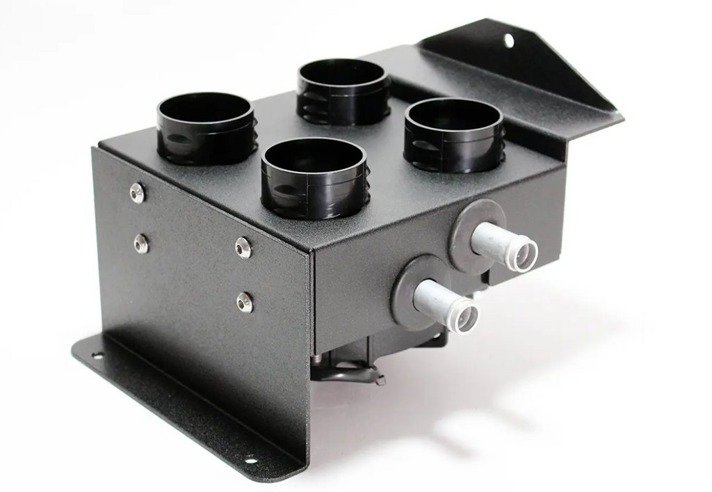 The Inferno Cab Heater Kit With Defrost for 2018-current Polaris RZR RS1 features a black metal box with four top circular air duct outlets, two front silver pipe connectors, and a side mounting bracket, shown against a white background.