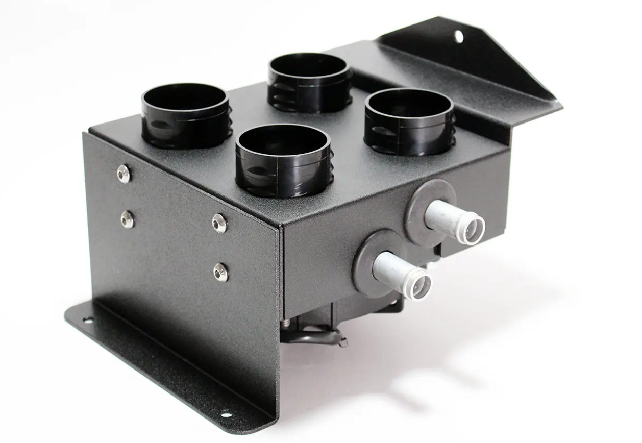 The Inferno Cab Heater Kit With Defrost for 2018-current Polaris RZR RS1 features a black metal box with four top circular air duct outlets, two front silver pipe connectors, and a side mounting bracket, shown against a white background.