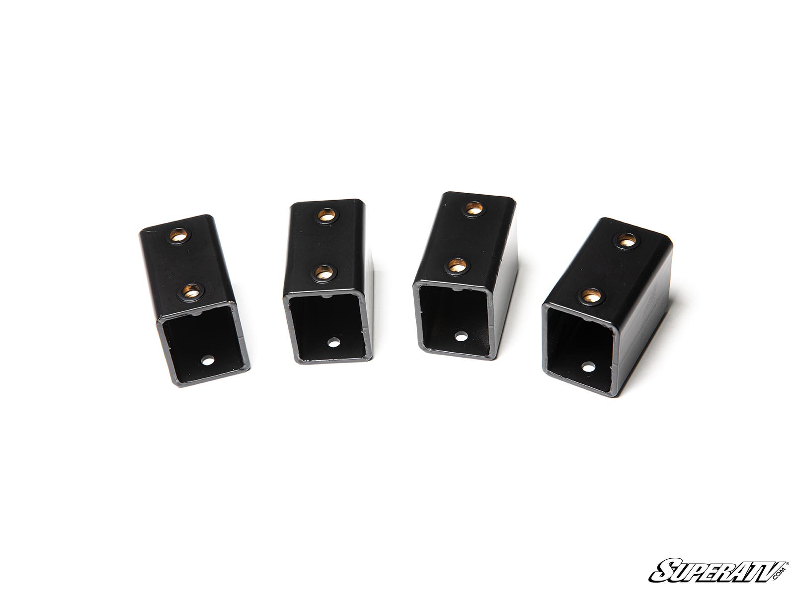 Four identical black metal Seat Risers for Polaris RZR Turbo R, each with two screw holes, are arranged in a row on a white background with their open ends facing forward. The SuperATV logo is visible in the bottom right corner.