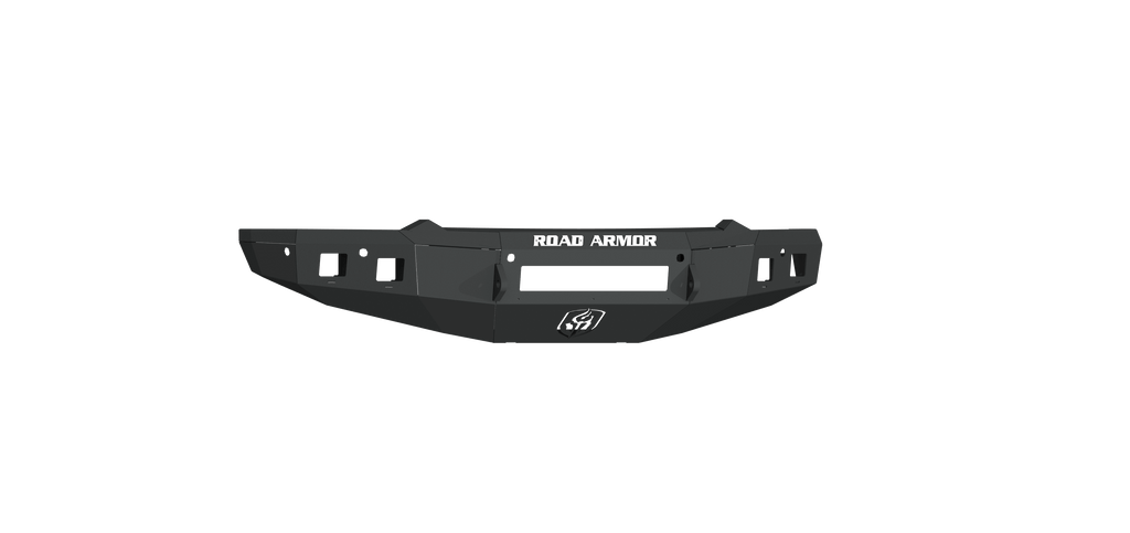 The 2019+ Ram 1500 Stealth Front Non-Winch Bumper in textured black features angular edges, cutouts, ROAD ARMOR printed in white at the top center, and a logo beneath a rectangular mounting area. The bumper is shown on a white background.