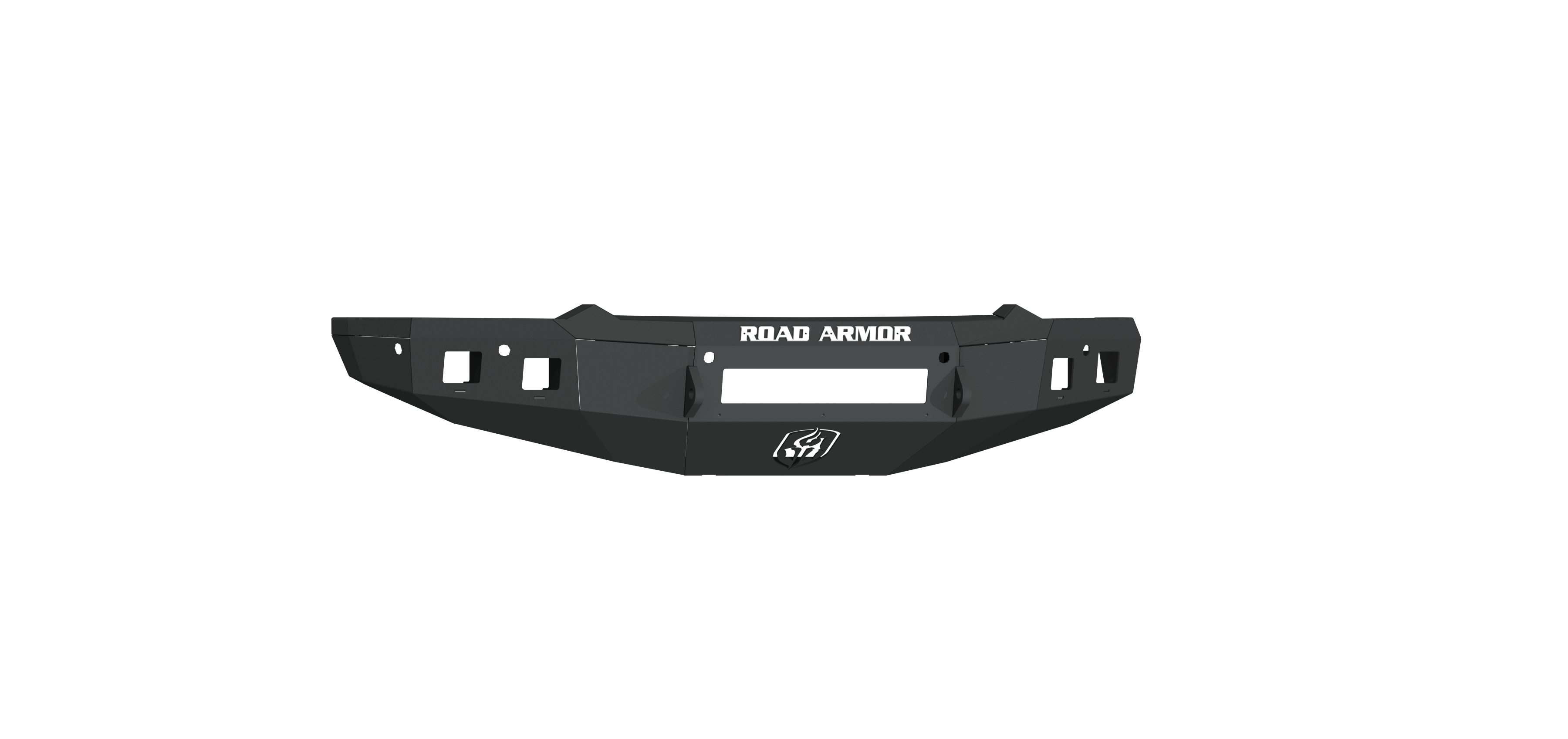 The 2019+ Ram 1500 Stealth Front Non-Winch Bumper in textured black features angular edges, cutouts, ROAD ARMOR printed in white at the top center, and a logo beneath a rectangular mounting area. The bumper is shown on a white background.
