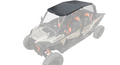 The Polaris RZR XP 4 Turbo Aluminum Roof is featured installed on a light-colored side-by-side off-road vehicle with large tires and a Turbo label; the roof stands out as the main focus, with the vehicle faded to highlight the roof attachment.