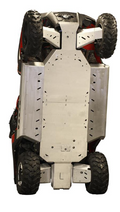 A Polaris RZR 800 is flipped vertically, revealing its underside protected by a large silver Skid plate full set (aluminium). The robust skid plate shields vital components, while four rugged tires remain visible at the corners.