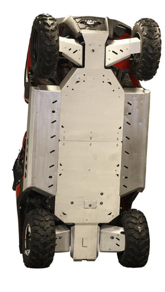 A Polaris RZR 800 is flipped vertically, revealing its underside protected by a large silver Skid plate full set (aluminium). The robust skid plate shields vital components, while four rugged tires remain visible at the corners.