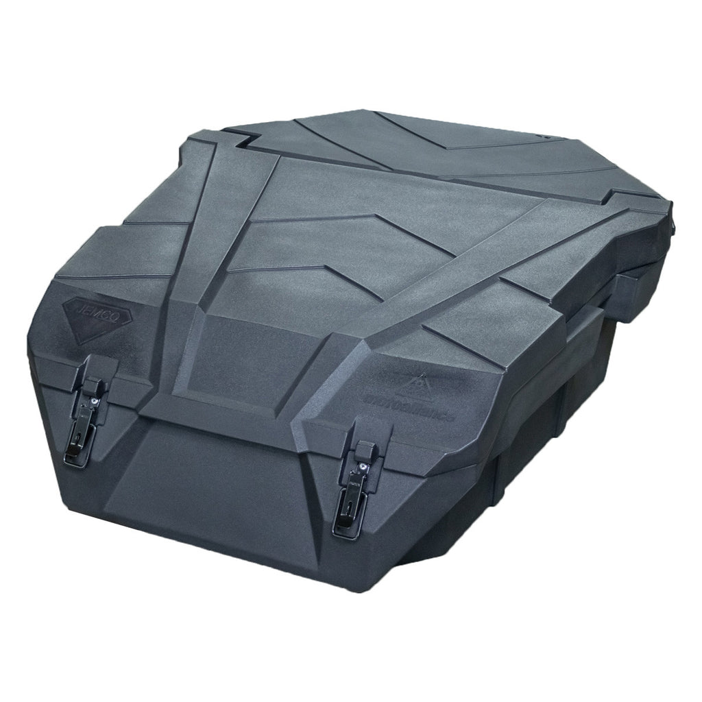 The JEMCO UTV Rear Cargo Box for Polaris RZR R is a large, black, matte hard-shell storage box with angular lid patterns and two metal latches on the front, built for rugged outdoor or utility use.