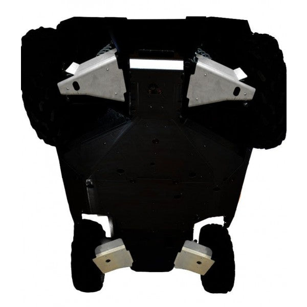 Underside view of Polaris RZR S 900/1000 with Ricochet 4-piece front and rear A-Arm & CV boot guards installed. Metal skid plates protect key components; large rugged tires are partly visible. Photo on a white background.