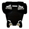 Underside view of Polaris RZR S 900/1000 with Ricochet 4-piece front and rear A-Arm & CV boot guards installed. Metal skid plates protect key components; large rugged tires are partly visible. Photo on a white background.
