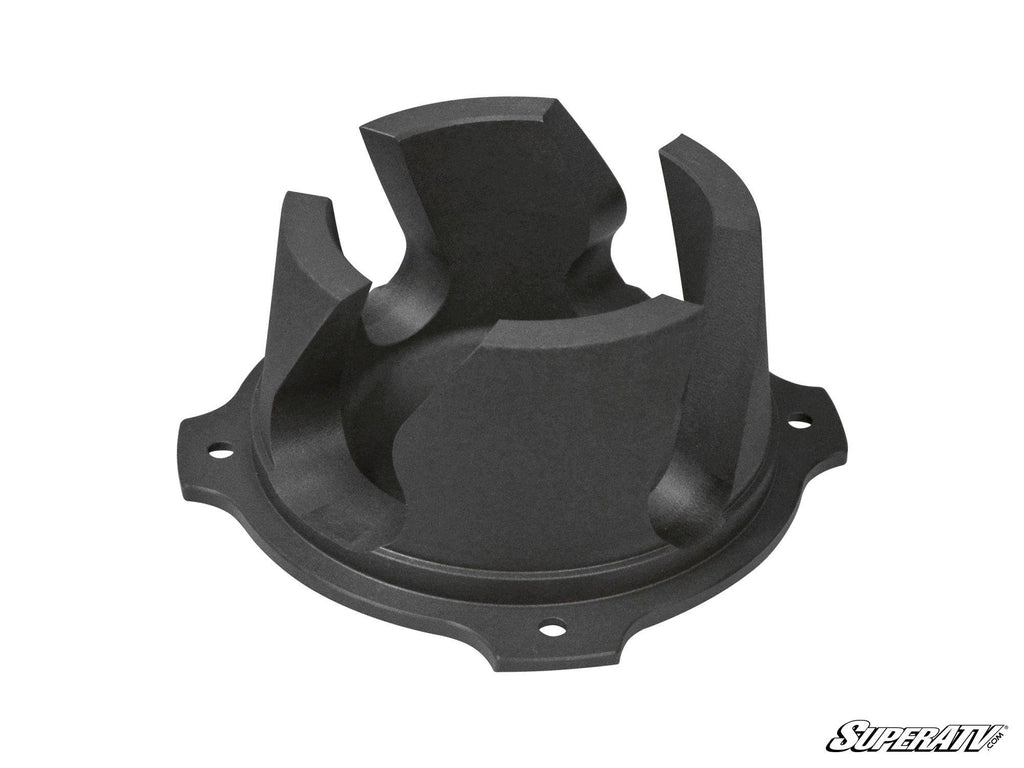 A black, circular Polaris RZR XP 1000 Clutch Kit component features four mounting holes, scalloped edges, and raised inner structures. The SuperATV logo is displayed in the bottom right corner on a white background.