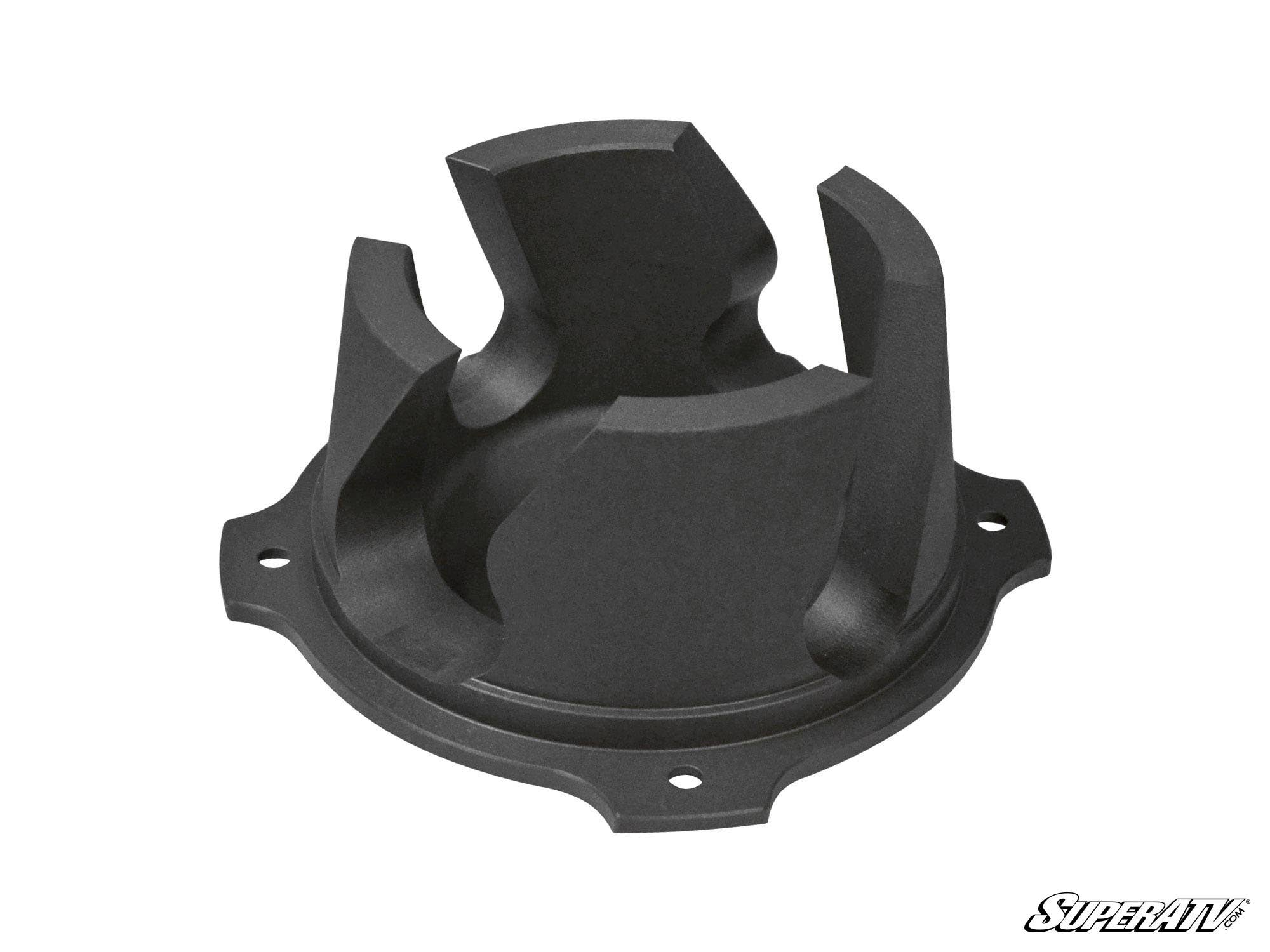 A black, circular Polaris RZR XP 1000 Clutch Kit component features four mounting holes, scalloped edges, and raised inner structures. The SuperATV logo is displayed in the bottom right corner on a white background.