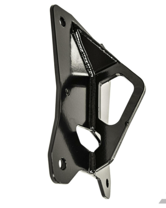 The S3 Power Sports 2020+ Polaris Rzr Pro Xp Hd Pull Plate is a glossy black metal bracket with sharp angles, geometric cutouts, three mounting holes, and a reinforced triangular structure; shown against a white background.