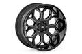 The Rough Country 96 Series Wheel (22x10, 8x6.5, -19mm) features a glossy black multi-spoke design with ROUGH COUNTRY in white along the rim edge and an RC logo on the center cap; one stands upright with another angled behind it.
