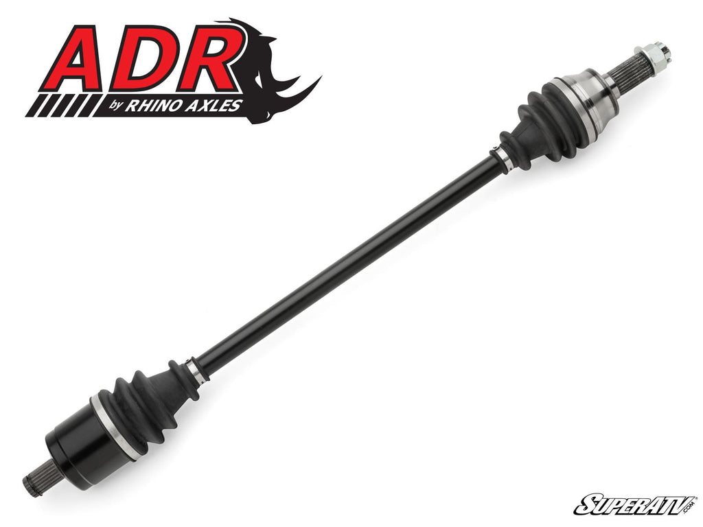 A Polaris RZR S 1000 Axle by ADR is centered on a white background. The ADR by Rhino Axles logo with rhino graphic appears in the upper left, and the SuperATV logo is in the lower right corner.