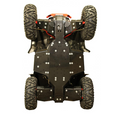 A view of the underside of a Polaris Scrambler XP 1000 S with the Skid Plate Full Set (plastic) installed, showcasing durable protection, large off-road tires, suspension parts, and secure mounting—emphasizing rugged build for tough terrain.