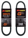 Two black Segway Fugleman Heavy Duty CVT Drive Belts are shown vertically, each in packaging with a black label featuring orange text, product info, and grayscale images of off-road vehicles in the background.