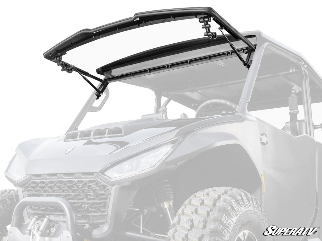 A Segway Fugleman UT10 with a Scratch-Resistant Flip Windshield is displayed, its front glass tilted upward by hydraulic arms. The mostly white background highlights the vehicle and features the “SuperATV” logo in the bottom right.