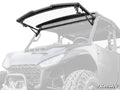 A Segway Fugleman UT10 with a Scratch-Resistant Flip Windshield is displayed, its front glass tilted upward by hydraulic arms. The mostly white background highlights the vehicle and features the “SuperATV” logo in the bottom right.