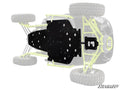 A Segway Villain UTV is shown from below with its undercarriage highlighted, featuring a black Segway Villain Full Skid Plate that covers the frame to protect vital components. The rest of the vehicle is faded, with the SuperATV logo in the corner.