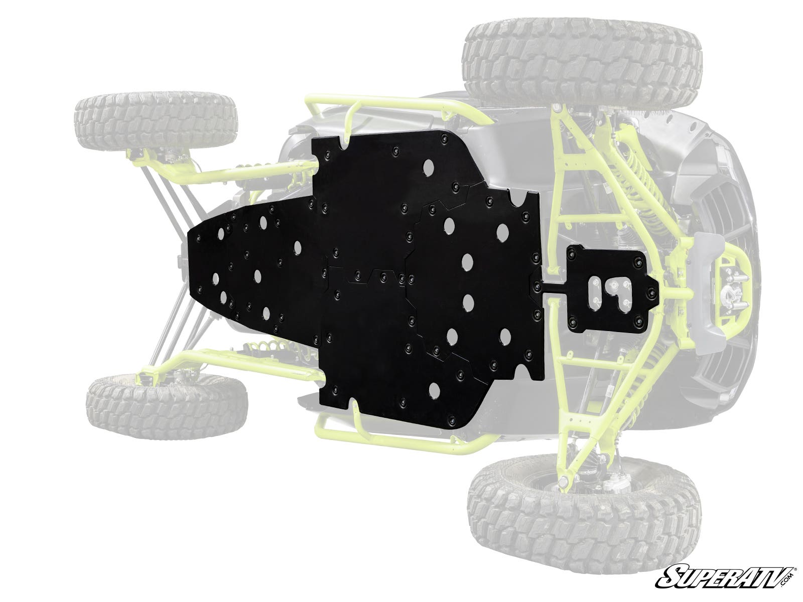 A Segway Villain UTV is shown from below with its undercarriage highlighted, featuring a black Segway Villain Full Skid Plate that covers the frame to protect vital components. The rest of the vehicle is faded, with the SuperATV logo in the corner.