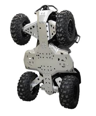 The Can-Am Brp G2 Renegade (2019+) Skid Plate Full Set (Aluminium) features rugged, angular panels with multiple holes, showcasing its robust metallic frame and components. Deep-tread design ensures enhanced traction for off-road protection.