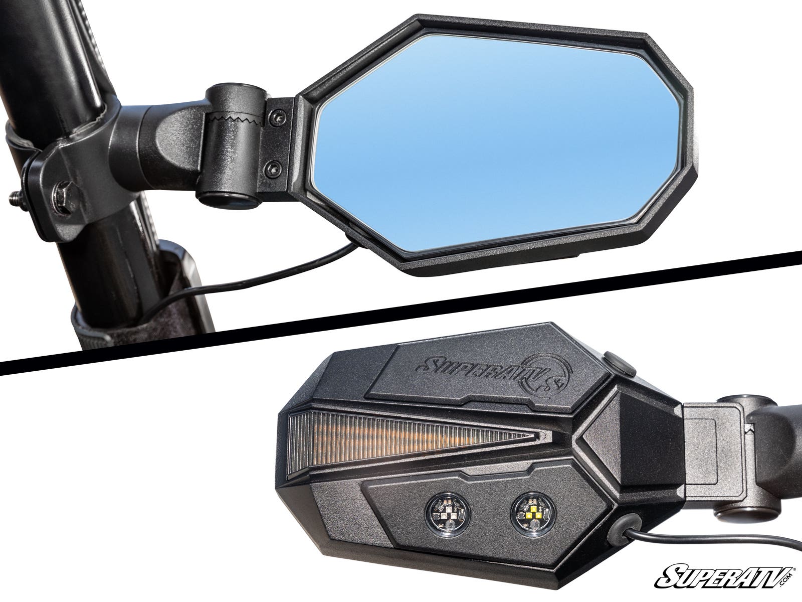Close-up of Kawasaki Lighted Side-View Mirrors for off-road vehicles: the top view shows the blue reflective mirror, while the bottom reveals an LED light bar and two round LEDs on the back, all mounted on a sturdy metal arm. SuperATV branding is visible.