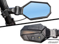 A two-part image showcases Yamaha Lighted Side-View Mirrors: the top shows the reflective blue mirror, while the bottom highlights the black, angular housing with built-in LED lights and a SuperATV logo on the back.