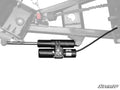 A Plow Pro UTV Plow Angle Actuator Kit in black is shown against a faint grayscale ATV frame background, featuring a cylindrical motor, rods, wiring, and the SuperATV logo in the bottom right corner.