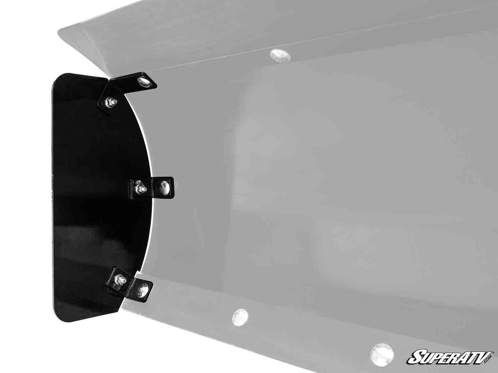 Close-up of a Plow Pro Snow Plow Side Shield mounted to a vehicle with black metal brackets and bolts, hardware visible on the left. The SuperATV logo is in the bottom right corner against a white background.