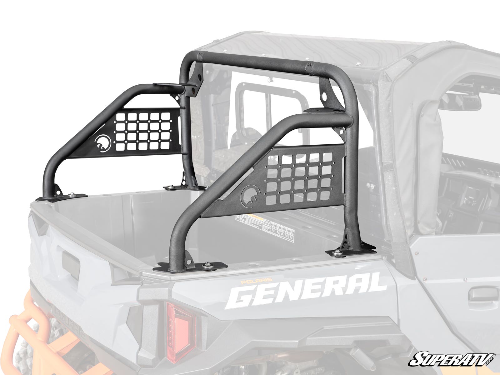 A black Polaris General 1000 Sport Accessory Bar with mesh side panels is mounted in the bed of a gray Polaris General UTV behind the cab, adding storage and structure. The SuperATV logo is visible in the lower right corner.