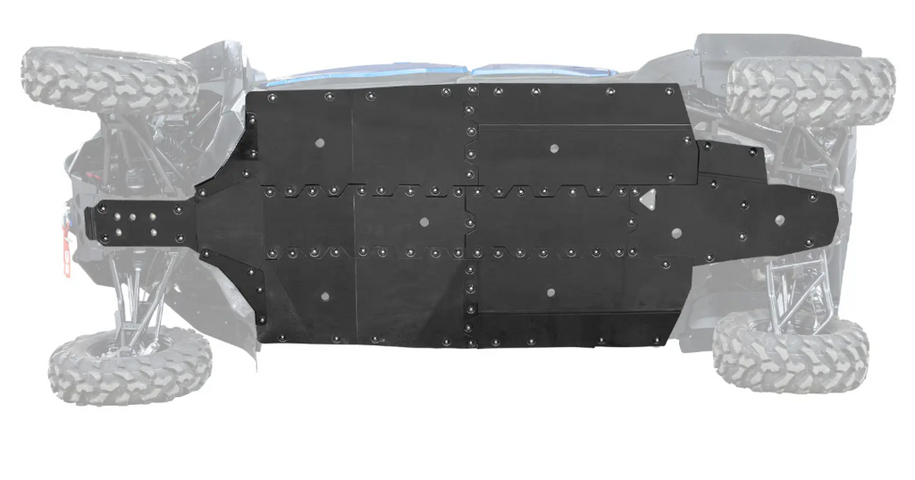 A top-down view of a Can-Am Maverick Sport Max with the Full Skid Plate highlighted in black, showing its segmented design covering the entire underside for protection, while the rest of the vehicle appears faded in gray.