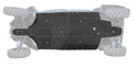 A top-down view of a Can-Am Maverick Sport Max with the Full Skid Plate highlighted in black, showing its segmented design covering the entire underside for protection, while the rest of the vehicle appears faded in gray.