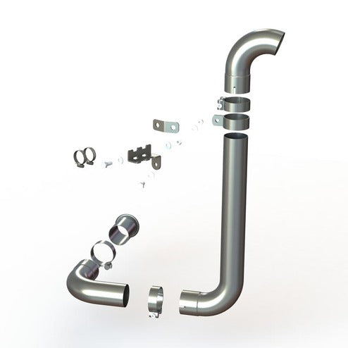 A digital rendering displays an exploded view of the Universal Snorkel kit, with its curved metal pipes, clamps, screws, and brackets separated on a white background to highlight how each component fits together for assembly.
