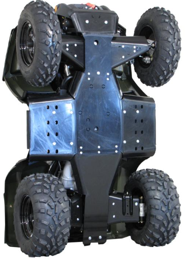 A Skid plate full set (plastic) for Polaris Sportsman 400 / 500 / 800 (2011+) is shown flipped, revealing its durable black plastic undercarriage with large rugged panels and bolts, designed for tough off-road protection.