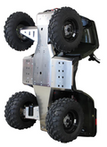 A Skid plate full set (aluminium) for Polaris Sportsman 400/500/800 (2011+) is shown vertically, highlighting its shiny, angular metal underside and robust off-road-ready design for superior terrain protection.