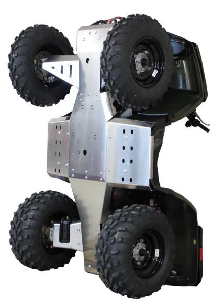 A Skid plate full set (aluminium) for Polaris Sportsman 400/500/800 (2011+) is shown vertically, highlighting its shiny, angular metal underside and robust off-road-ready design for superior terrain protection.