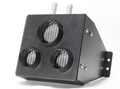 The Inferno Cab Heater Kit With Defrost for 2016-Current Arctic Cat Textron Stampede features a black metal box with three round front vents, two silver pipes on top, side mounting brackets with screw holes, all set against a plain white background.