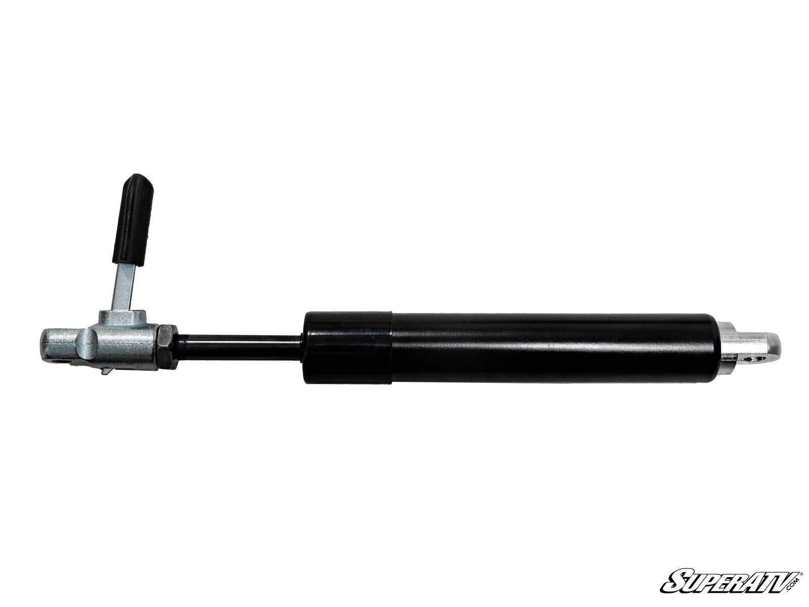 The Polaris RZR Steering Wheel Adjustment Shock is a black hydraulic cylinder featuring a silver mounting bracket with a lever on the left side and a metal eyelet on the right. The SuperATV logo appears at the bottom right on a white background.