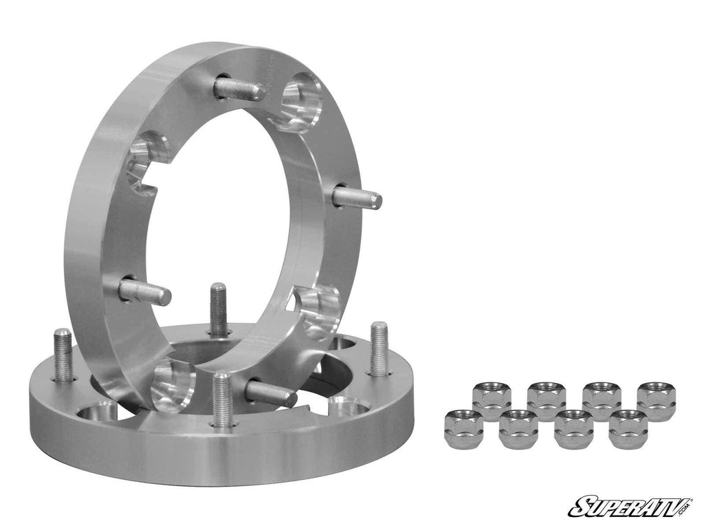 A pair of SuperATV Polaris 3/8 Studs - 12mm Wheels Wheel Adapters, each with five studs and ten matching lug nuts, is shown on a white background with the SuperATV logo in the bottom right corner.