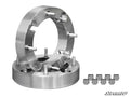 Two shiny Polaris Wheel Spacer - 4/156 units, each with four studs, are stacked—one upright and one flat. Eight lug nuts sit nearby. The SuperATV logo appears in the bottom right on a white background.