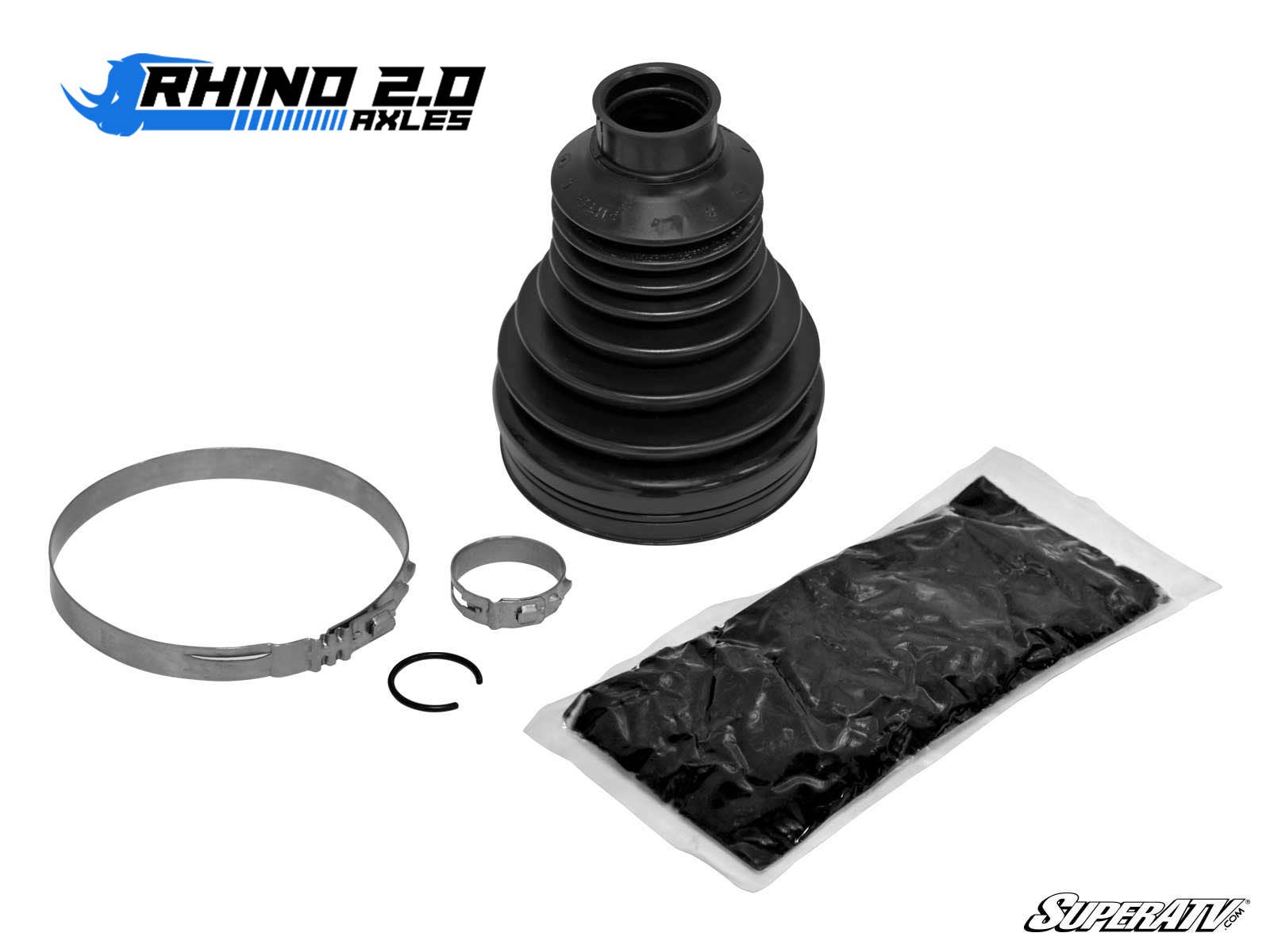 The Rhino 2.0 Replacement Boot KitPolaris includes a black rubber accordion-style CV boot, two metal clamps, a retaining ring, and a grease packet, all shown on a white background.