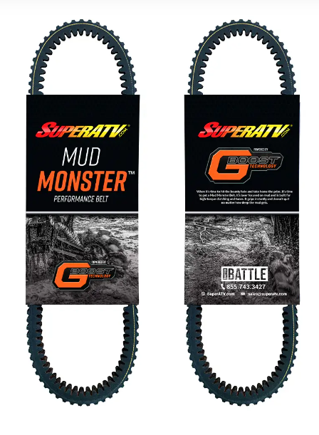 Two black ribbed performance belts in packaging labeled “Polaris RZR Heavy Duty CVT Drive Belt” with bold orange and white text, rugged graphics, and an ATV riding through muddy terrain are shown.