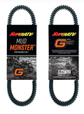 Two black ribbed performance belts in packaging labeled “Polaris RZR Heavy Duty CVT Drive Belt” with bold orange and white text, rugged graphics, and an ATV riding through muddy terrain are shown.