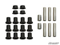 The image displays 16 black cylindrical bushings and 8 silver metal sleeves for Polaris RZR XP Turbo A-Arm Bushings, arranged in rows by size on a white background. The SuperATV logo is visible at the bottom right corner.